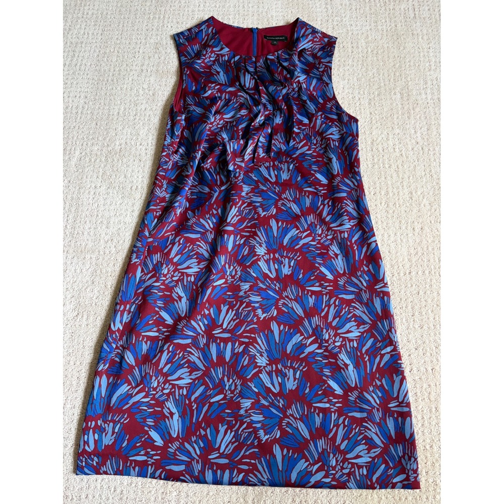 Banana Republic Womens Red Blue Floral Pleated Neck Sleeveless Shift Dress 12